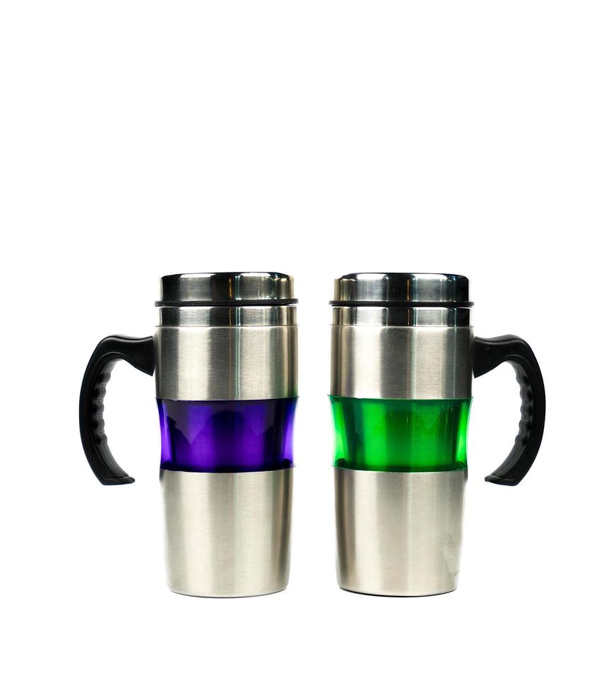 Thermos bottle isolated on white background. Coffee or tea reusable bottle container. Thermos travel tumbler. Insulated drink container. Stainless steel sport thermos water flask. Zero waste. photo