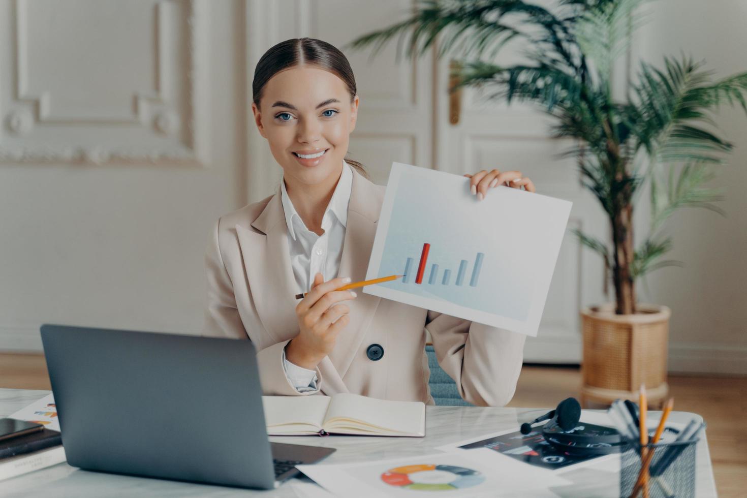 Female economist explaining financial report during video call photo
