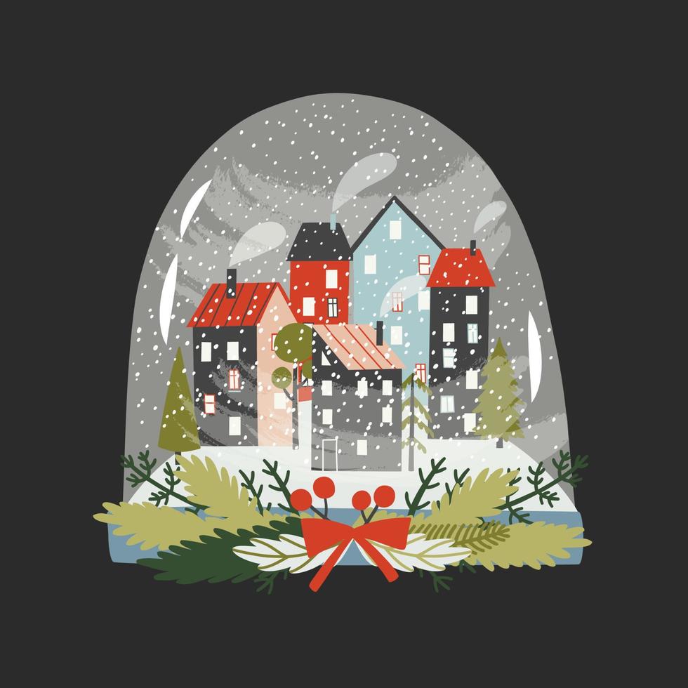 globo de nieve en estilo plano. bola de nieve con nieve y símbolos navideños. ilustración vectorial para el diseño de postales, telas, paquetes. vector