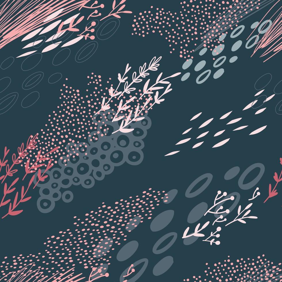 seamless abstract pattern with plants and different textures and spots. natural shapes and textures. flat vector illustration isolated on white background.