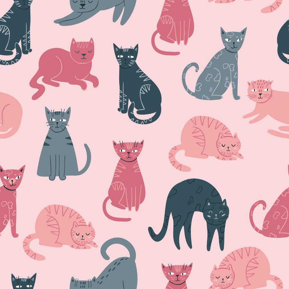 seamless pattern with cute cats of different colors. cats in different poses. flat vector illustration isolated on white background.