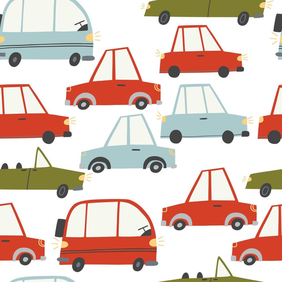 seamless pattern with cars in a flat style. cars of different sizes and shapes. vector illustration isolated on white background.