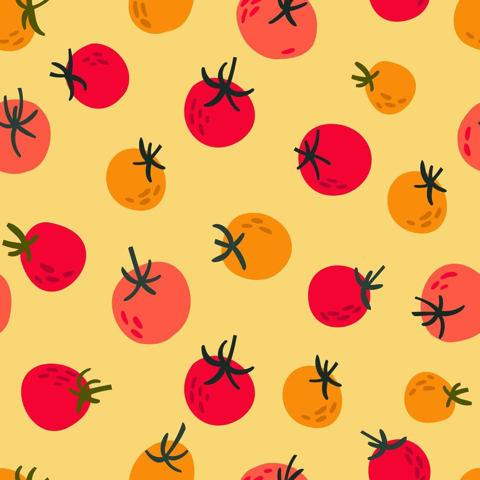 patrón sin costuras con tomates cherry. tomates de diferentes colores y tamaños. diseño para cocina, tela, papel, fondo. vector
