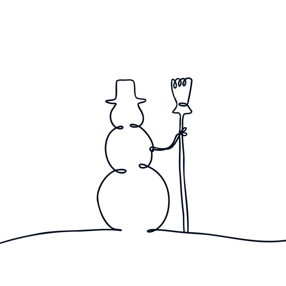 Continuous line drawing vector illustration of a snowman. Christmas concept. New Year holiday. postcard design.