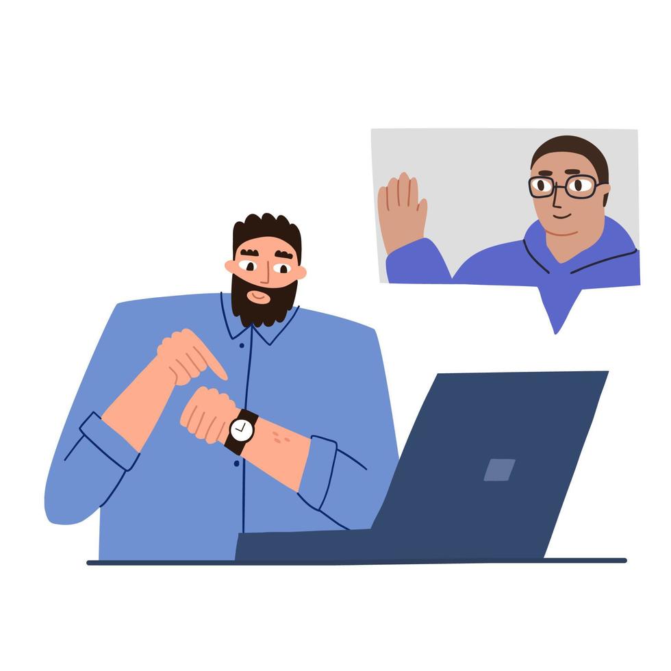 Colleagues talk to each other via video link. online working meeting. Video conferencing, work from home. vector illustration flat.