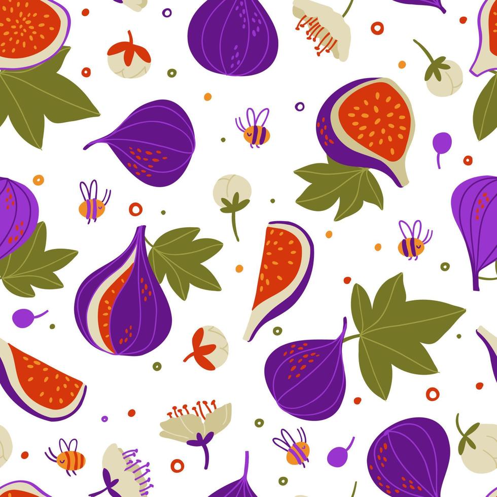 higos de fideos, flores, capullos, piezas de higo, hojas, patrón vectorial sin fisuras. textura dibujada a mano para papel pintado de cocina, textil, tela, papel. fondo de comida. frutas planas en blanco. vegano, cultivado, natural vector