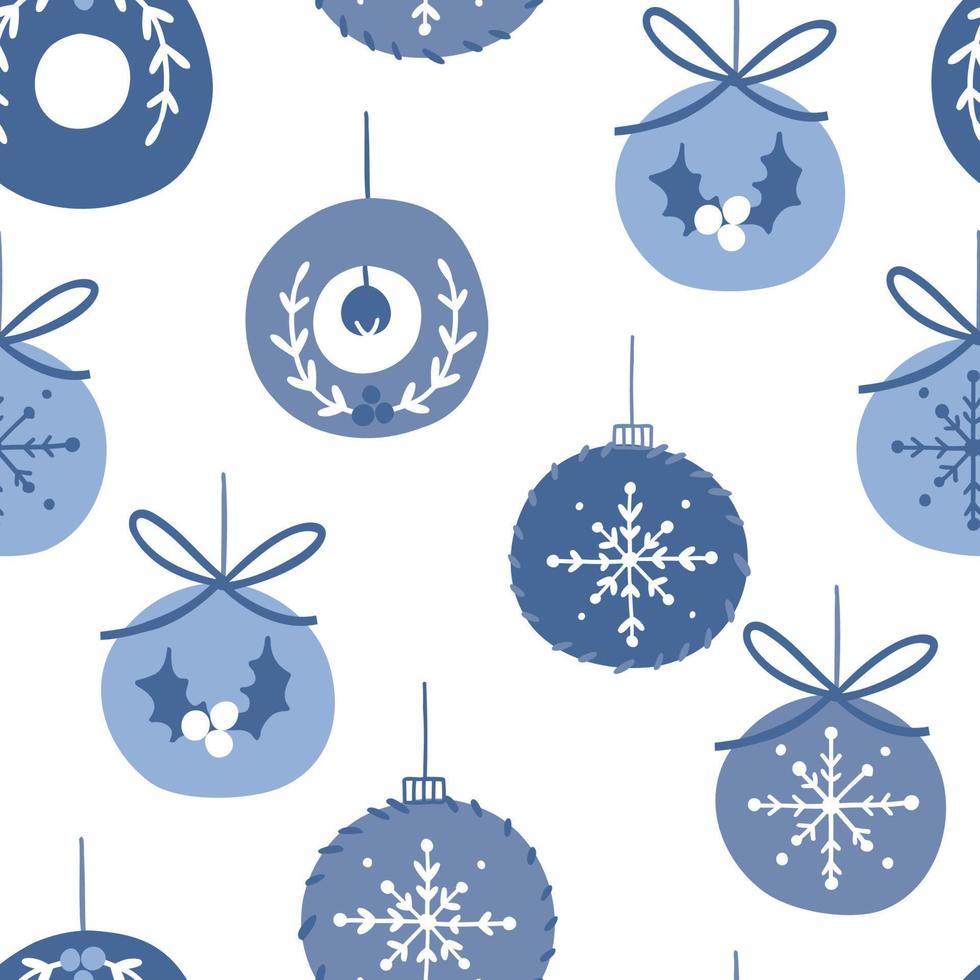 seamless pattern with different Christmas tree decorations, balls different colors. festive vector hand-drawn illustration. print for fabric, wrapping paper, takeaway tableware.