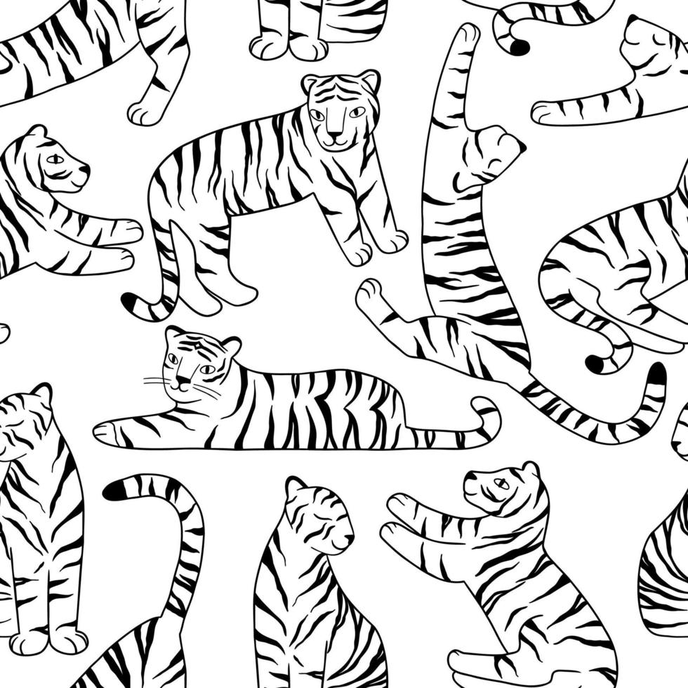 Seamless pattern with doodle tigers. Cute tigers in different poses. design for packaging, fabric, background. Vector illustration isolated on white background.