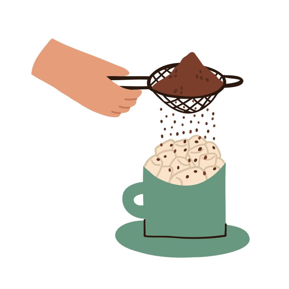 rociar bebida de cacao con malvaviscos. malvaviscos en una taza. preparando una bebida caliente. ilustración plana vectorial aislada sobre fondo blanco. vector