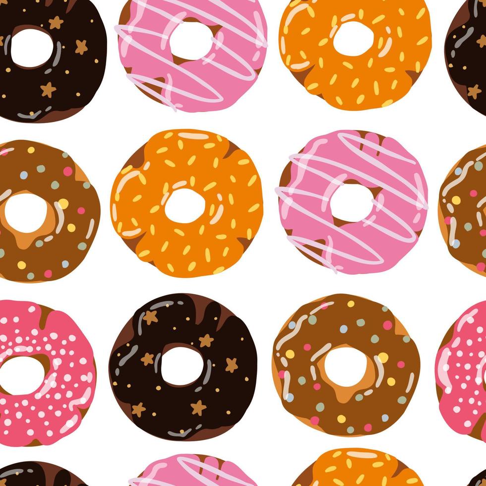 patrón sin costuras con donas. coloridos donuts dibujados a mano. ponis con diferentes chispas. diseño para embalaje, tela, fondo. vector