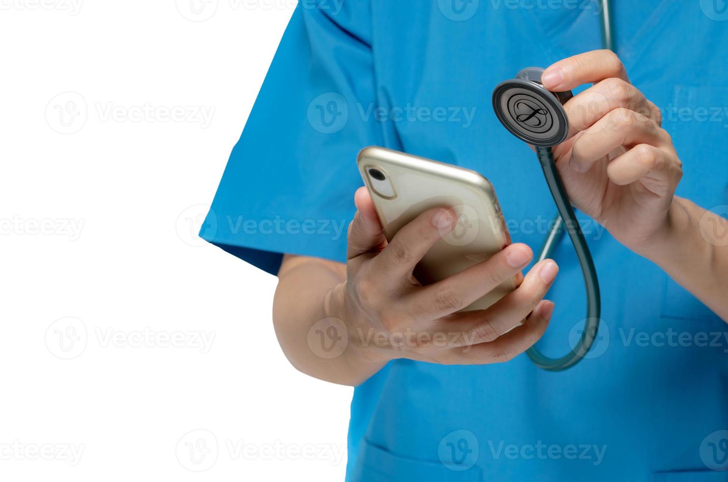 Doctor checkup mobile phone by stethoscope for fix or repair and maintenance smartphone concept. Medical healthcare application concept. Checking virus and bug on cellphone. Vulnerability scan. photo