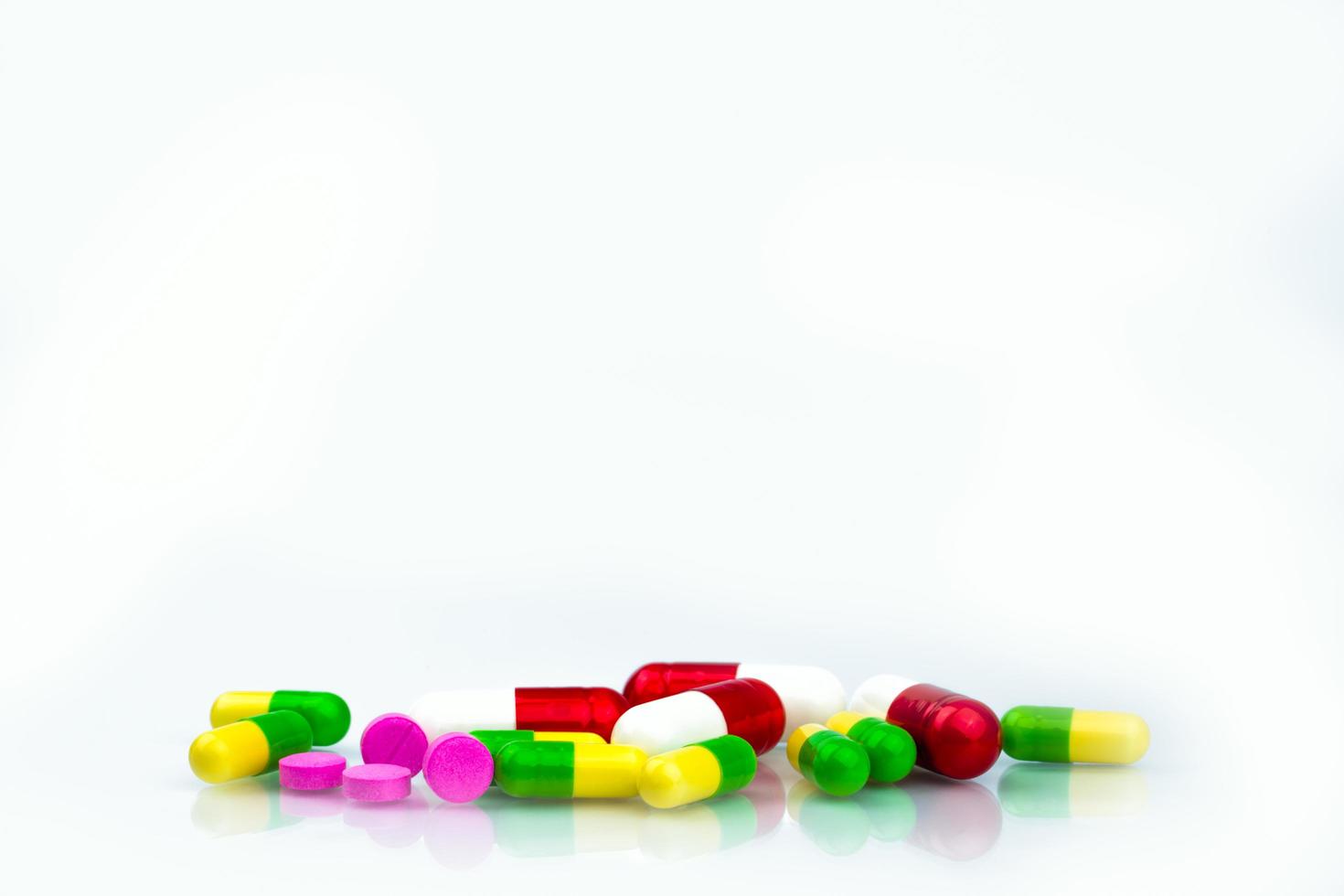 Pile of colorful capsule and tablets pills on white background with copy space for text. Pharmaceutical industry. Pharmacy department in the hospital concept. Drug store concept. Drug interactions. photo