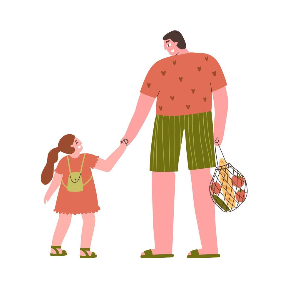 father and daughter are leaving the store. spending time with the child. vector illustration hand drawn illustration