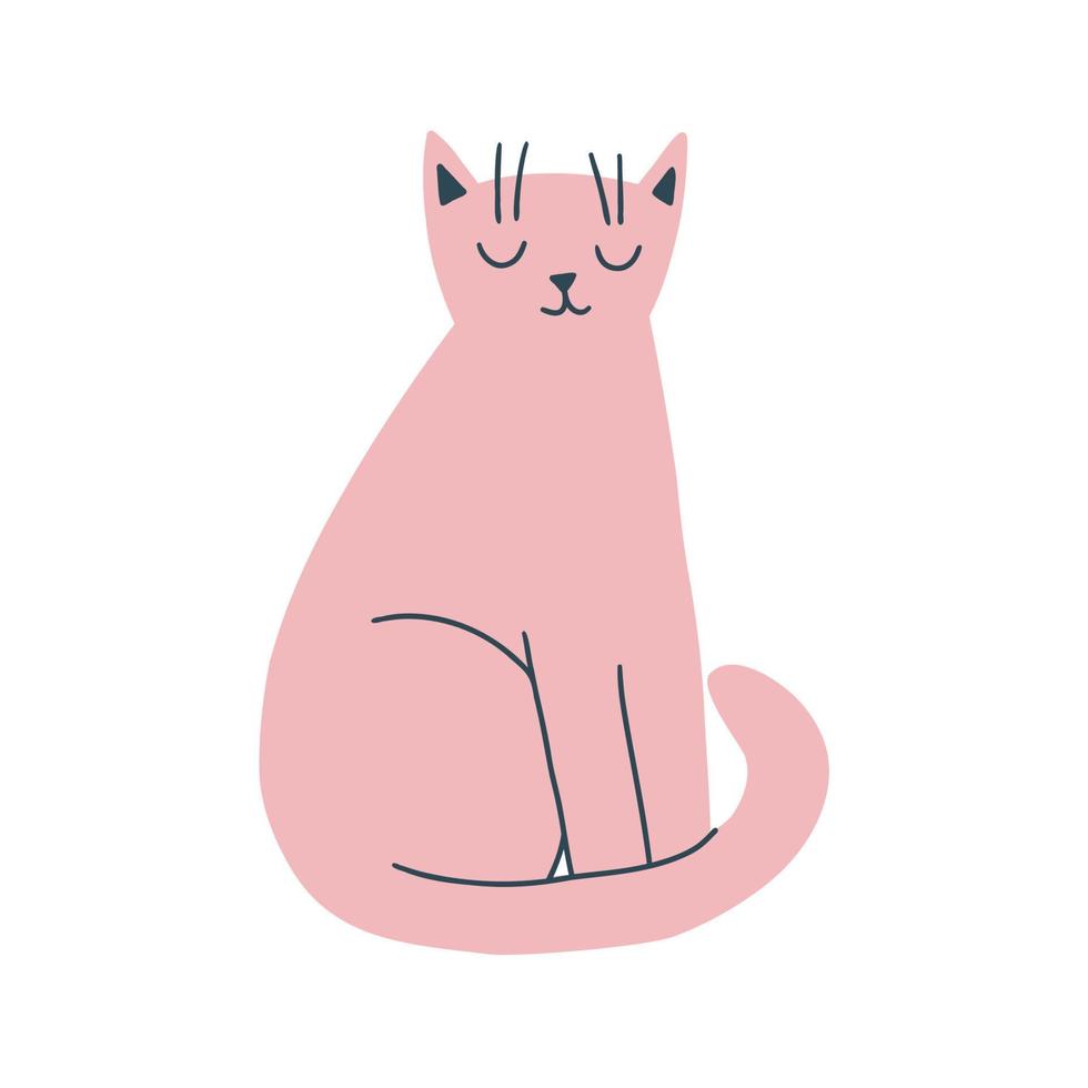 lindo gato rosa sentado con los ojos cerrados. ilustración vectorial plana aislada sobre fondo blanco. vector