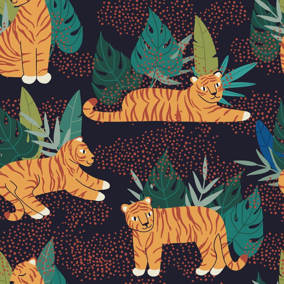seamless pattern with flat colorful tigers and leaves. abstract jungle. design for fabric. Vector hand-drawn illustration.