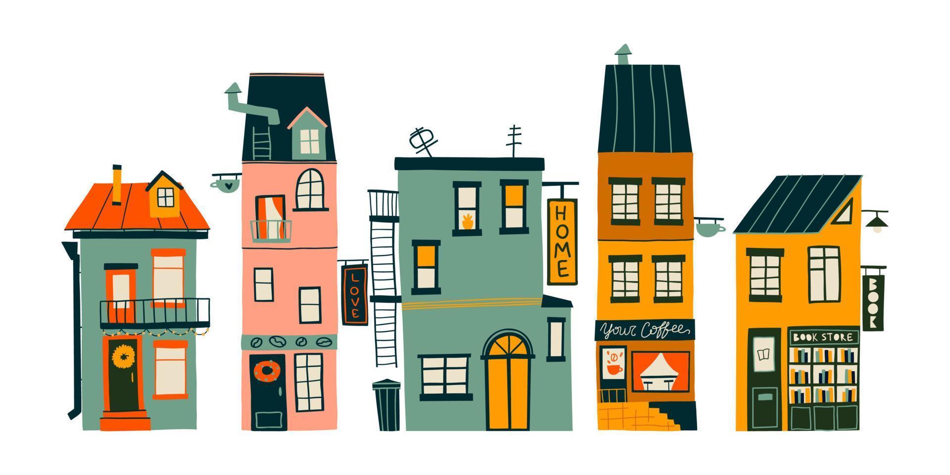 hand-drawn set with cute cozy houses. Flat design. Hand drawn trendy illustrations. colored vector illustration. All elements are isolated
