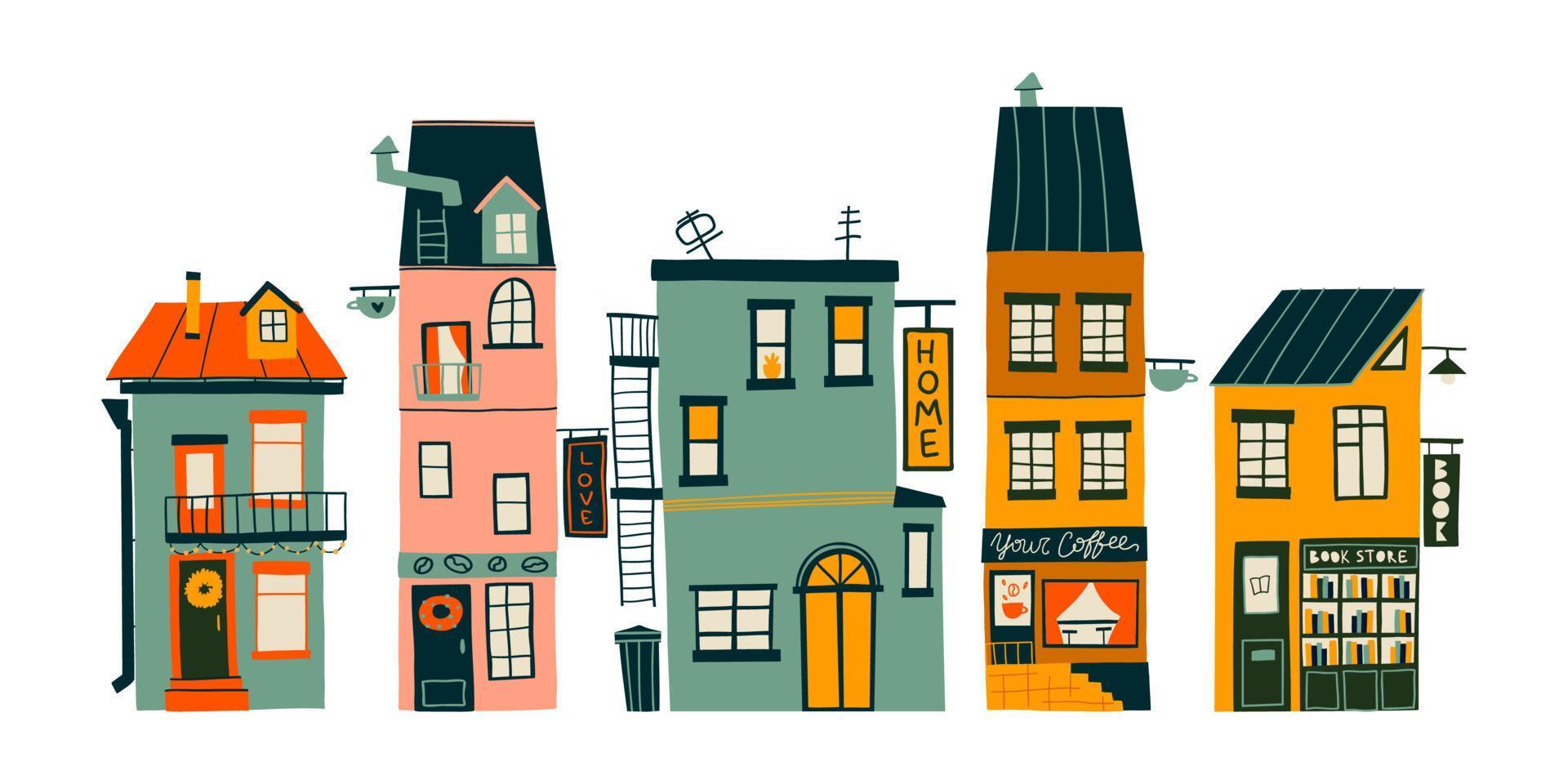 hand-drawn set with cute cozy houses. Flat design. Hand drawn trendy illustrations. colored vector illustration. All elements are isolated