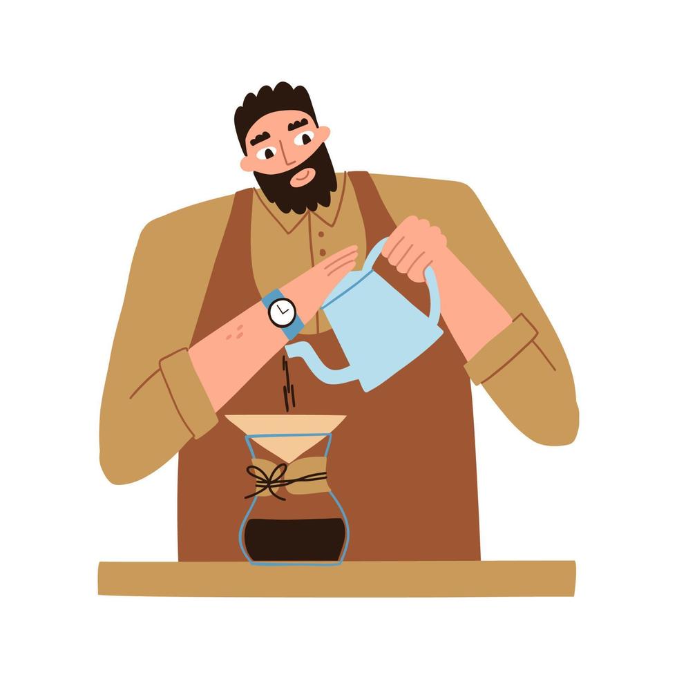 el hombre hace café con sus propias manos. preparación de café. cafetera. ilustración plana vectorial aislada sobre fondo blanco. vector