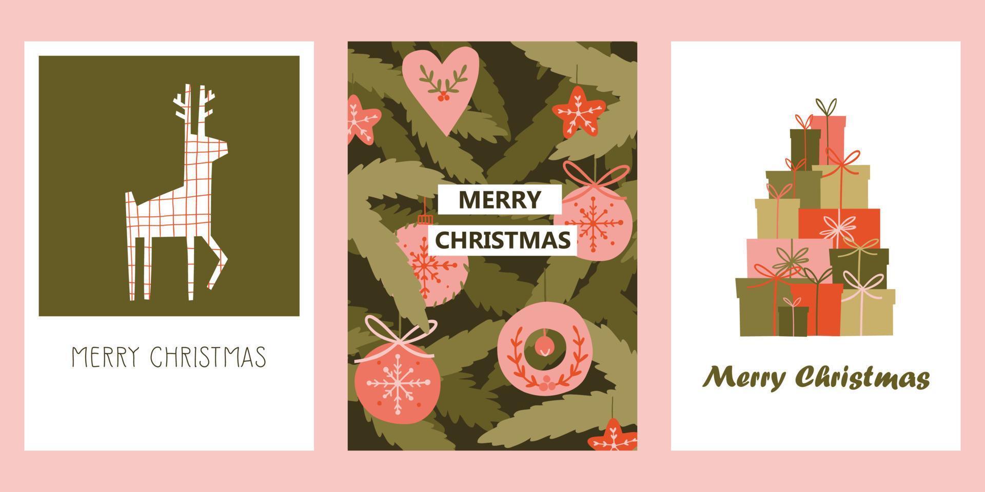 ambientado con tarjetas navideñas para felicitar a familiares y amigos. lindas tarjetas navideñas con ciervos, adornos para árboles de navidad y regalos. ilustración de dibujado a mano de vector de vacaciones.