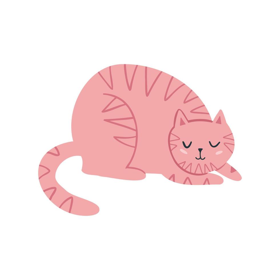 cute pink cat sleeps with closed eyes. flat vector illustration isolated on white background.