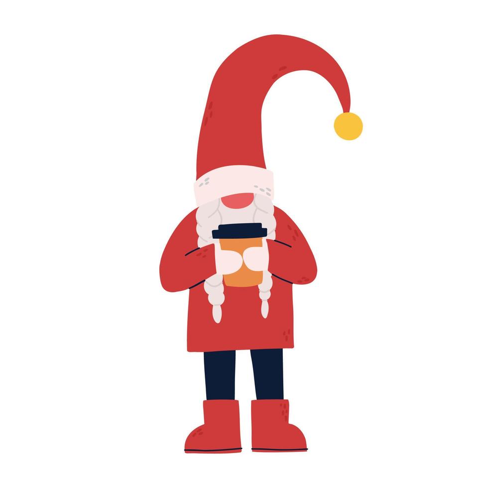 gnomo de invierno de navidad sosteniendo una taza con café. Papá Noel. ayudante de santa. ilustración de navidad. ilustración vectorial colorida aislada en fondo blanco. vector