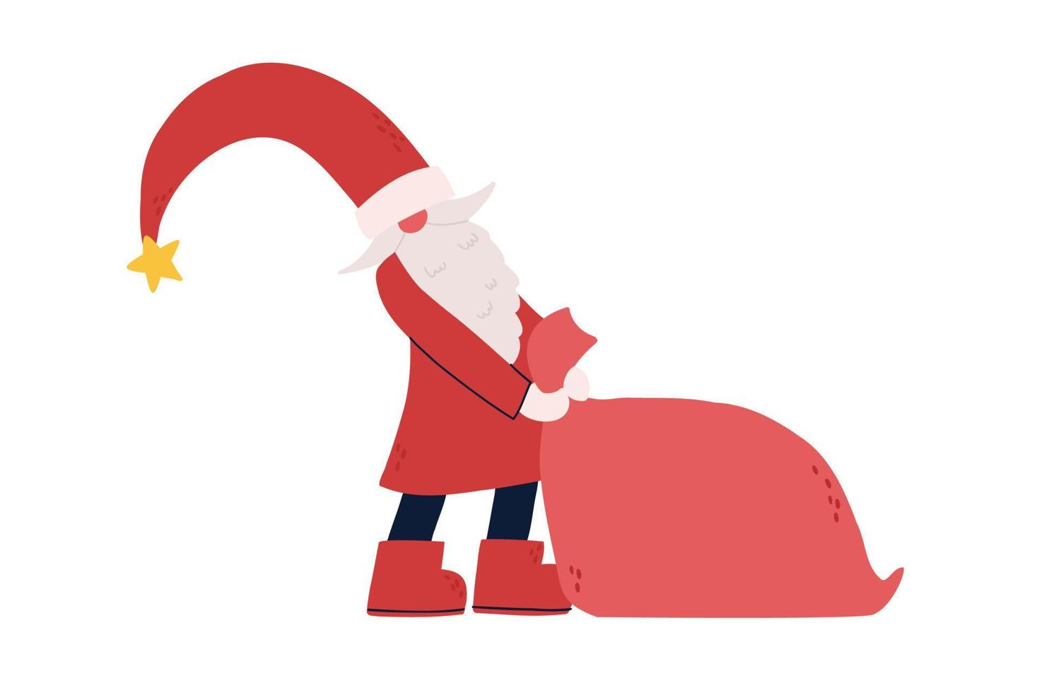 el gnomo de invierno de navidad saca una bolsa con regalos. Papá Noel. ayudante de santa. ilustración de navidad. ilustración vectorial colorida aislada en fondo blanco. vector
