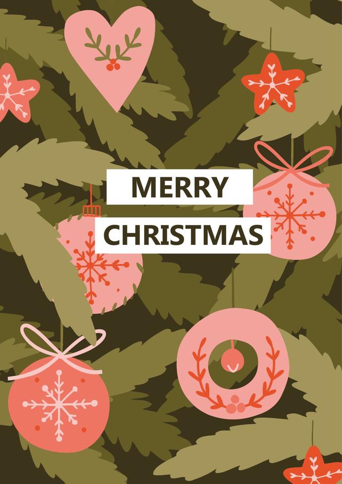 Christmas card with fir branches, Christmas decorations. Cartoon style. Wallpaper, graphics. doodle cute simple design. Holiday. Vector illustration.