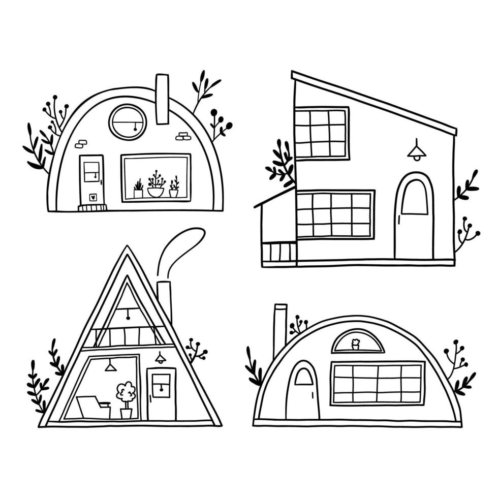 set with small cozy forest houses, hand-drawn. doodle vector illustration. Hand drawn trendy illustrations.