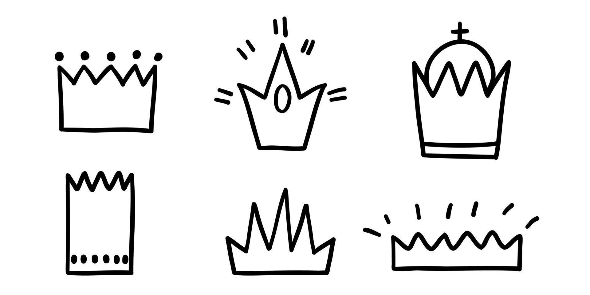 set doodle drawn crowns of different shapes and sizes. vector illustration on white with black line.