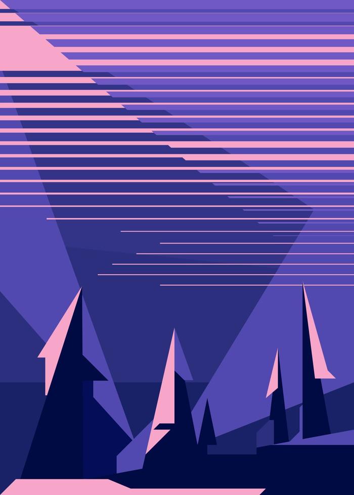 Poster with northern lights and forest. vector