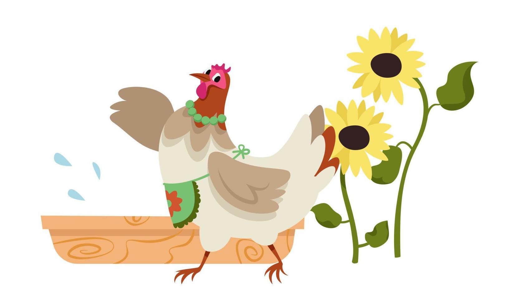 gallina con comedero y girasoles. vector