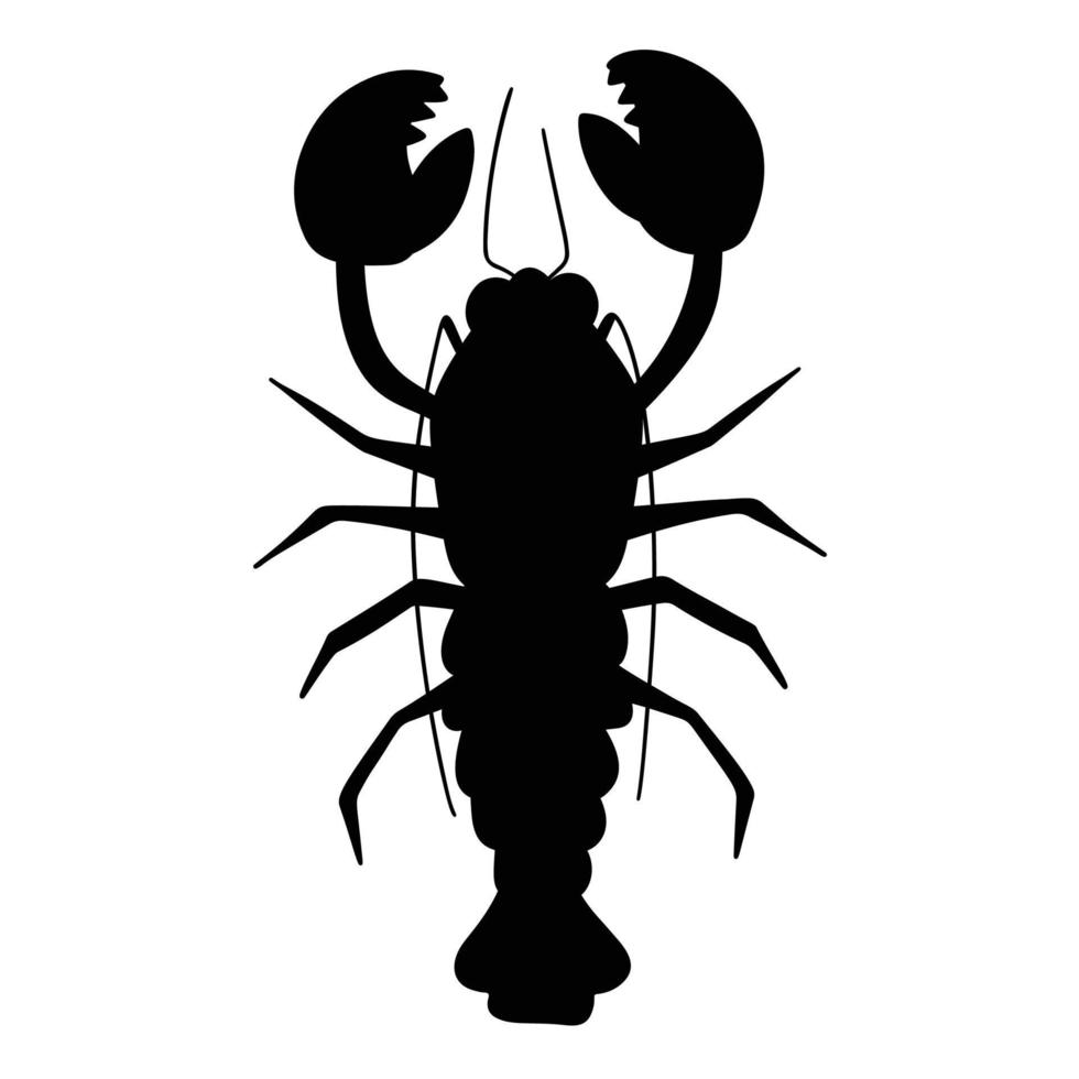 Black silhouette of sea crayfish, top view of silhouette of marine animal. Vector illustration isolated on white background