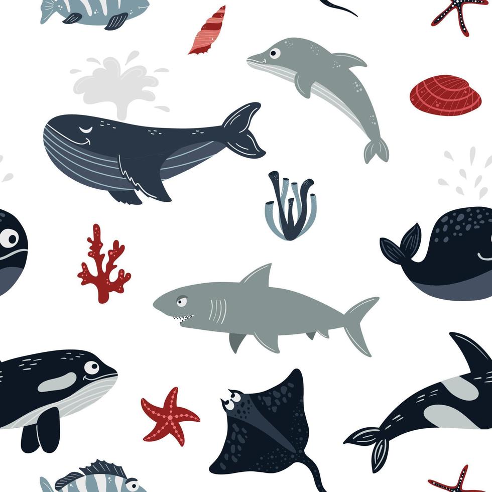 Seamless children's pattern with funny fish and sea animals. Children's texture for fabric, packaging, textiles, wallpaper, clothing. Vector background.