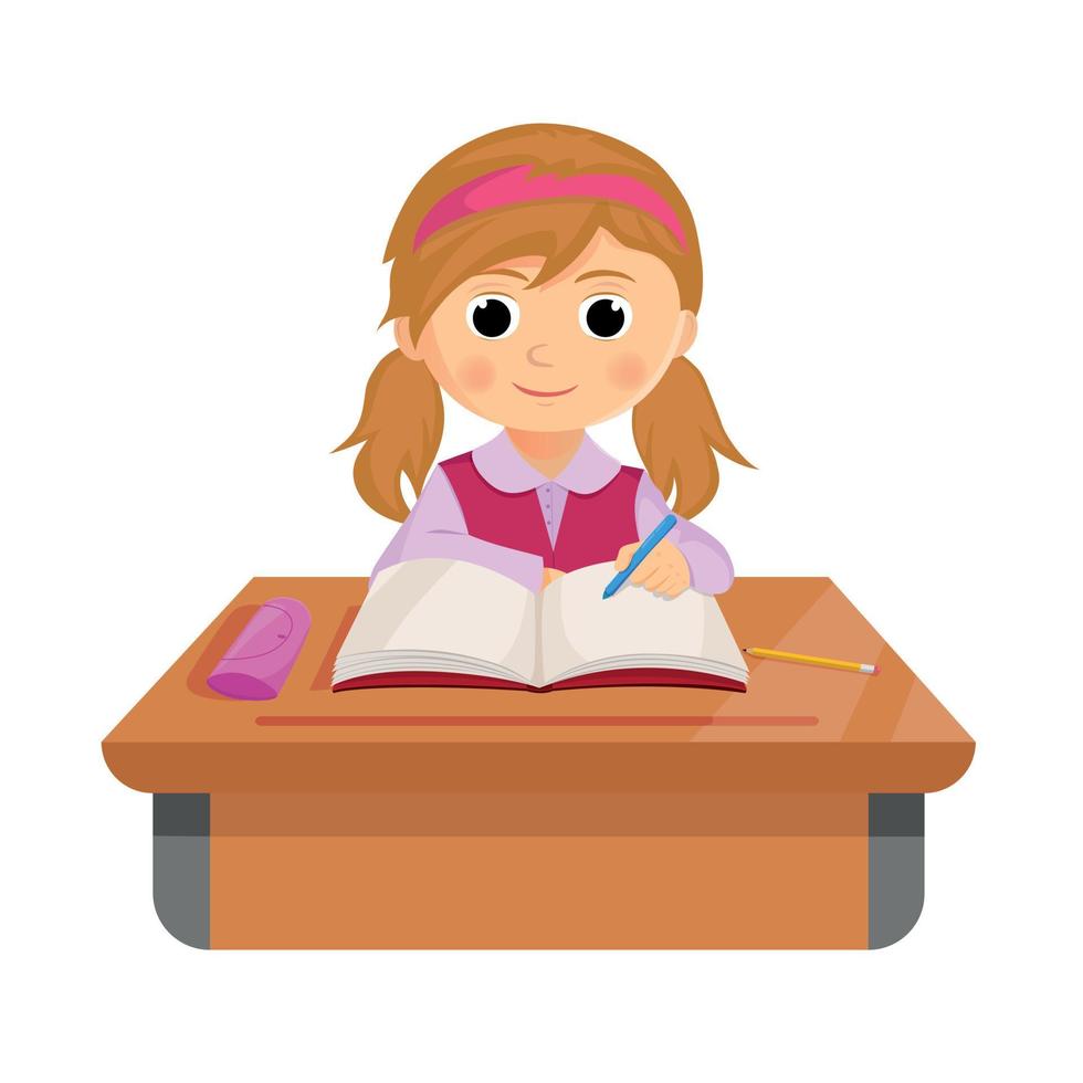 The schoolgirl does her homework while sitting at her desk. The girl writes in a notebook with a ballpoint pen. vector