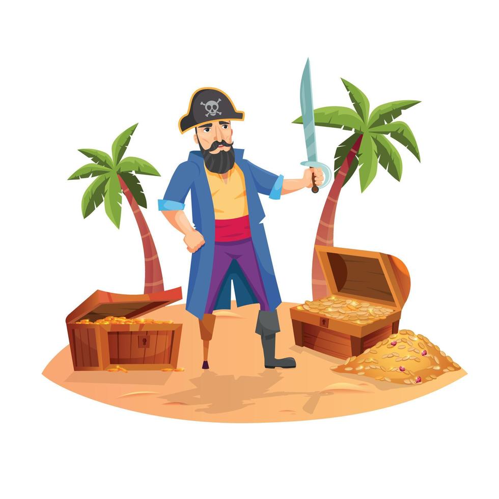 composición pirata con paisaje de isla personaje humano de dibujos animados con ilustración de vector de cofre del tesoro