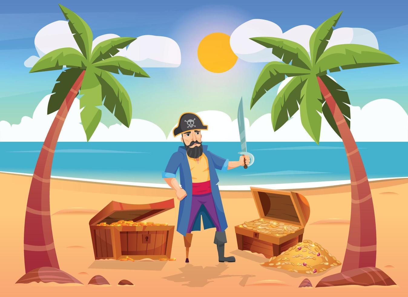 Composición pirata con carácter humano de paisaje insular con ilustración de vector de cofre del tesoro