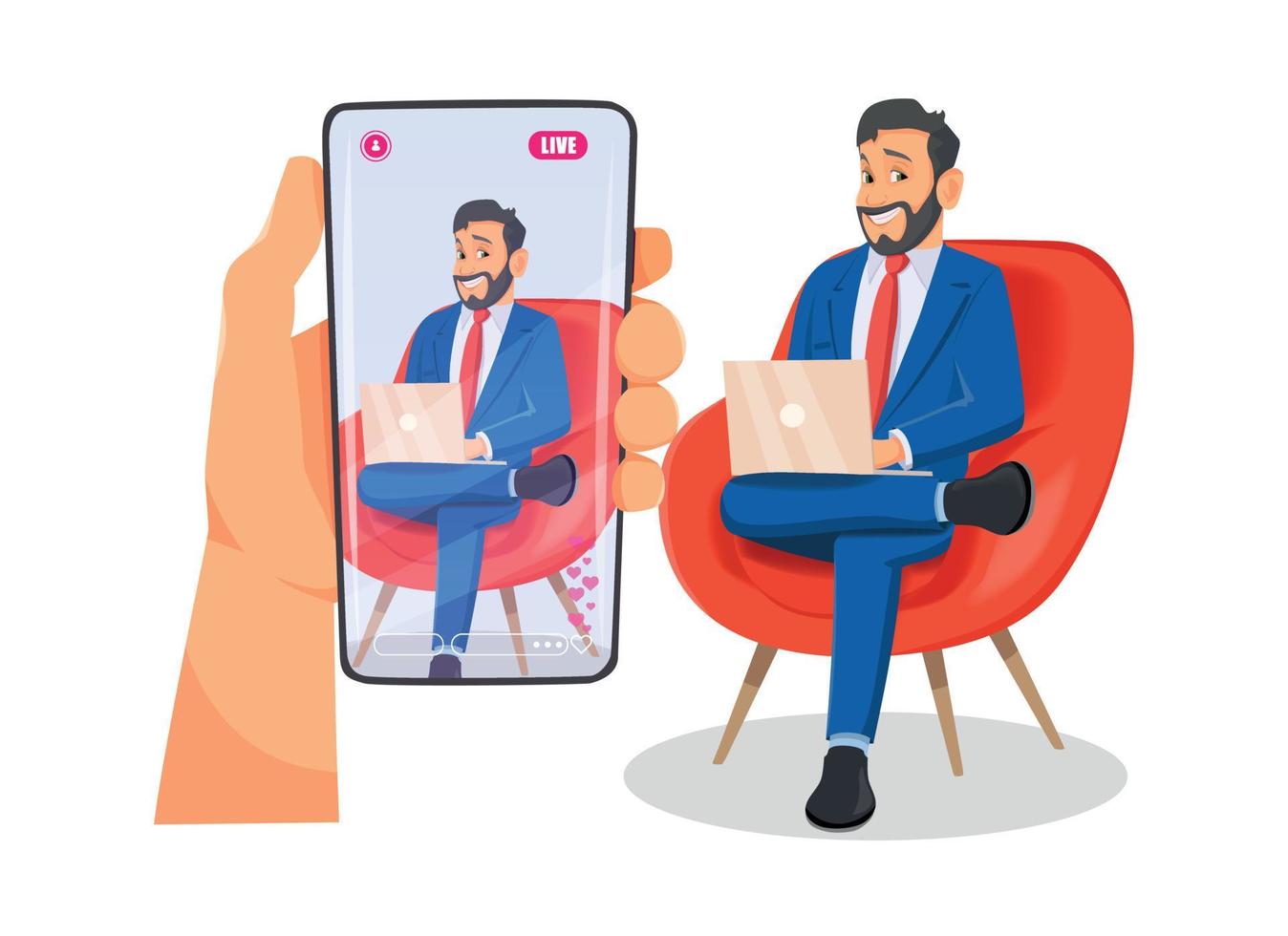 Man streaming or stream a live video from smartphone. Broadcast live video lecture or educational webinar. vector