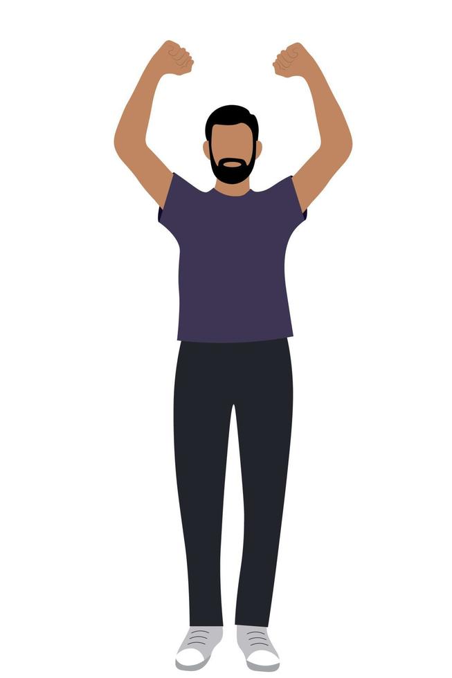 Portrait of a bearded Indian guy with arms raised above his head, flat vector on white background, faceless illustration