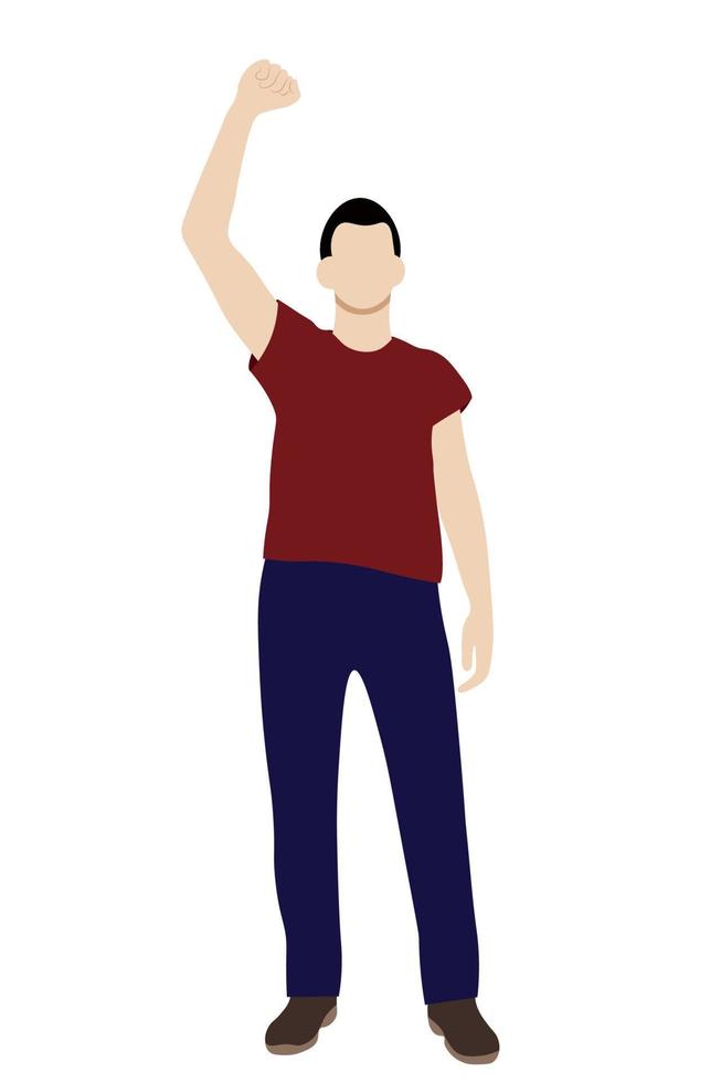 Guy portrait, one hand raised up, flat vector on white background, faceless illustration