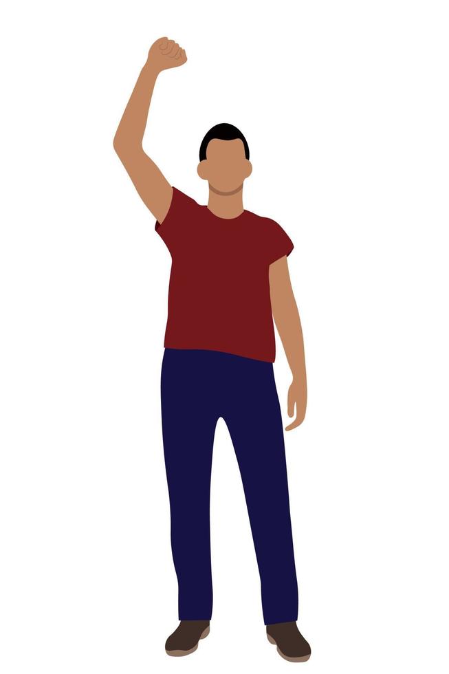 Indian guy portrait, one hand raised up, flat vector on white background, faceless illustration