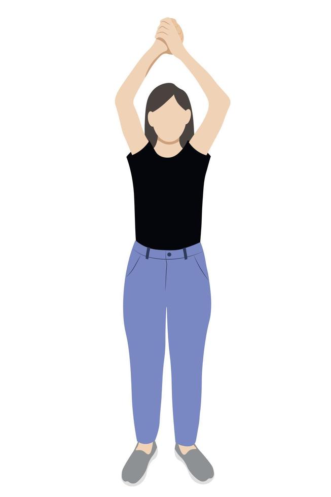 Portrait of a girl with her hands raised above her head, flat vector on a white background, faceless illustration