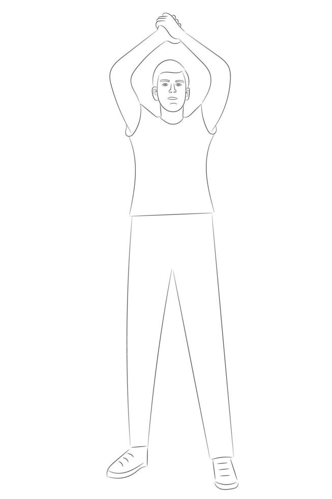 Sketch portrait of a guy with hands above his head, flat vector, isolate on white background vector