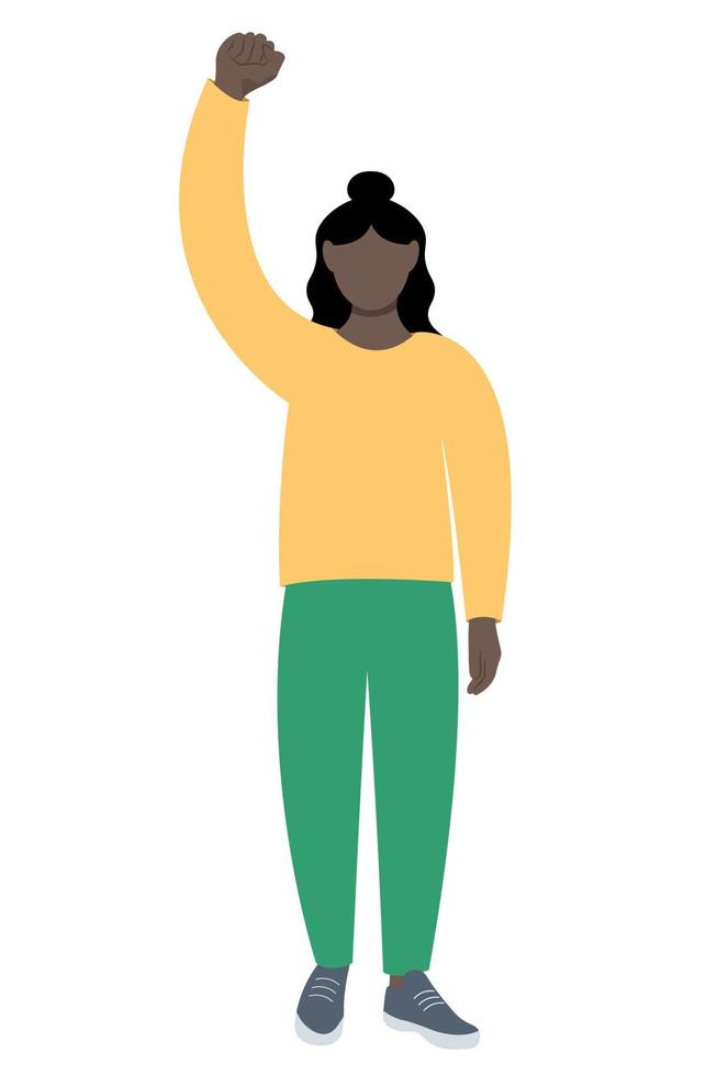 Portrait of a black girl in full growth, one hand raised up, flat vector on a white background, faceless illustration, girl protests