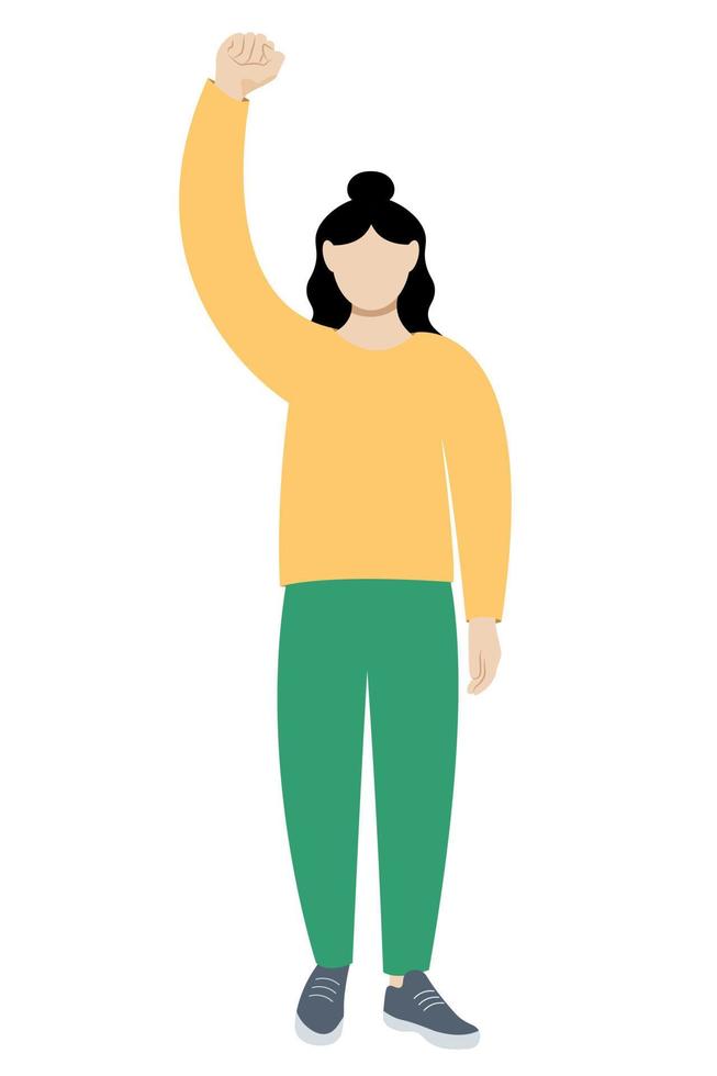 Portrait of a girl in full growth, one hand raised up, flat vector on a white background, faceless illustration, girl protests