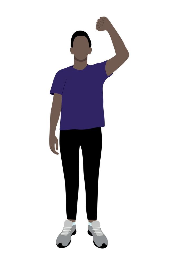 Portrait of a black guy in full growth, one hand raised up, flat vector on a white background, faceless illustration