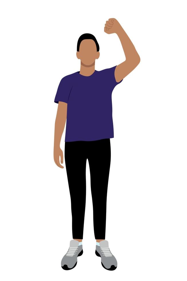 Portrait of a indian guy in full growth, one hand raised up, flat vector on a white background, faceless illustration