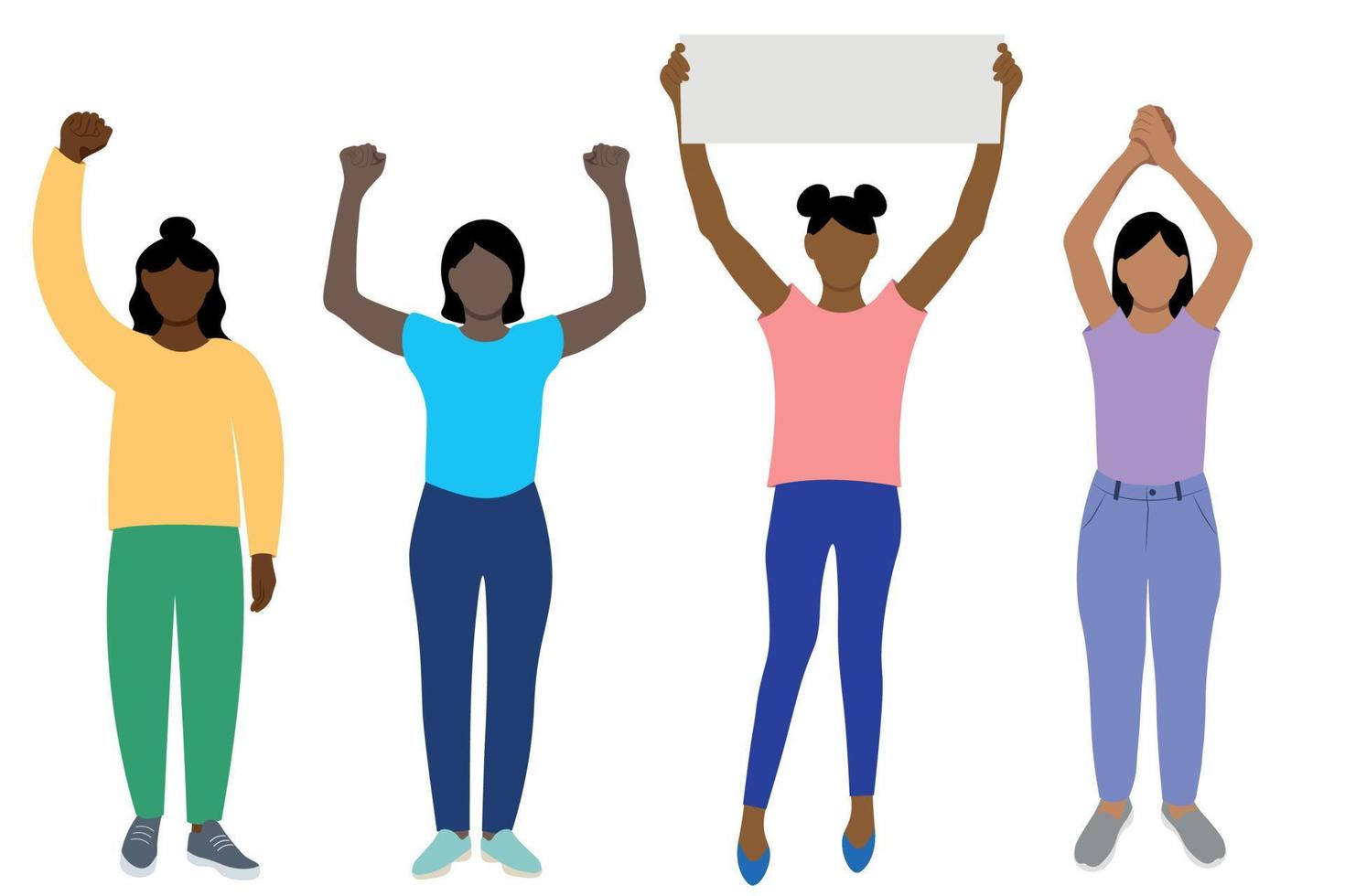Set of black girls in full growth with hands raised above their heads, flat vector on white background, faceless illustration, girls protest