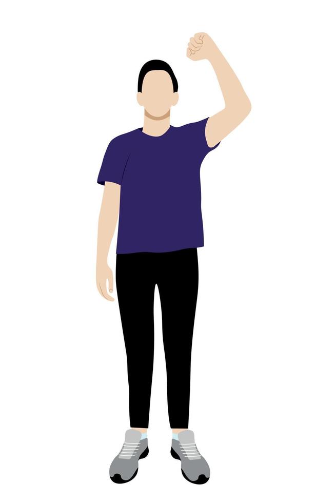 Portrait of a guy in full growth, one hand raised up, flat vector on a white background, faceless illustration