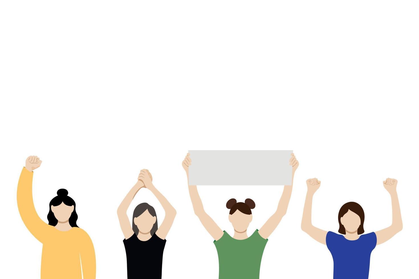 Set of girls with their hands raised above their heads, flat vector on white background, faceless illustration, girls protest