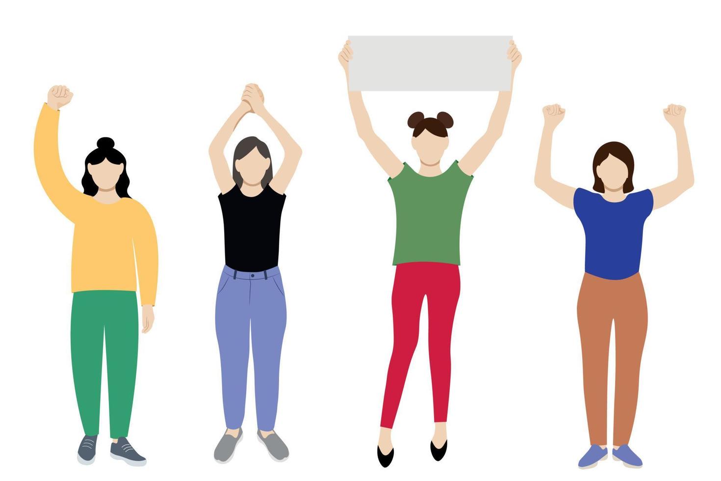 Set of full length girls with arms raised above their heads, flat vector on white background, faceless illustration
